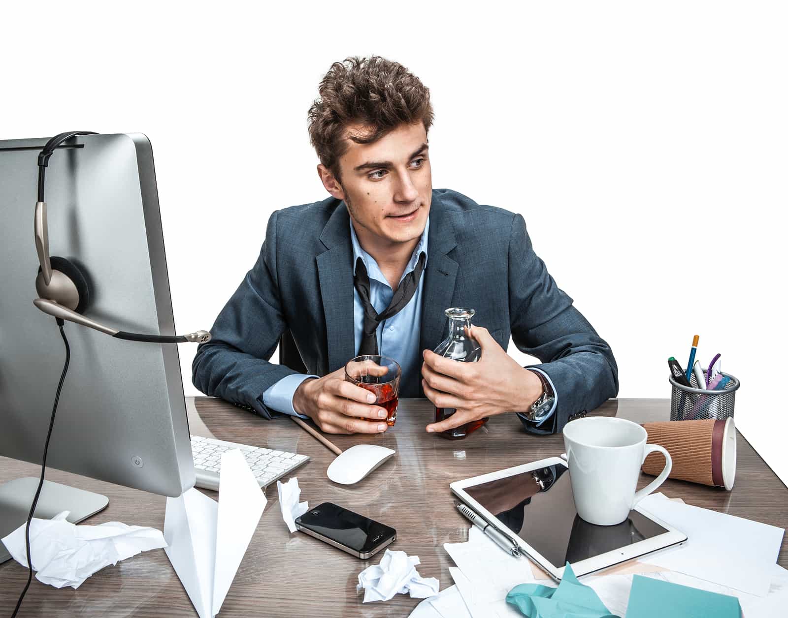 Young Alcoholic Business Man Drinking Whiskey Sitting Drunk At O